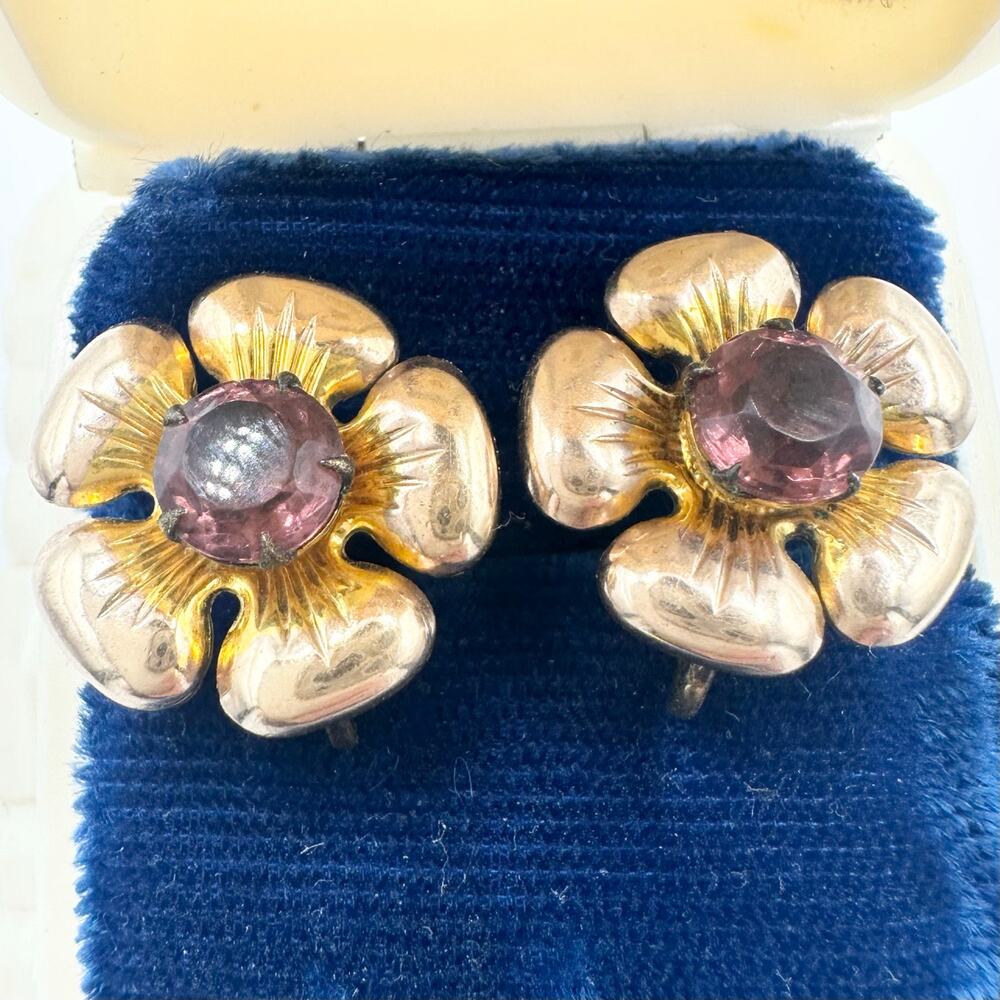 1940s sterling silver gold plated flowers purple rhinestones screw back earrings